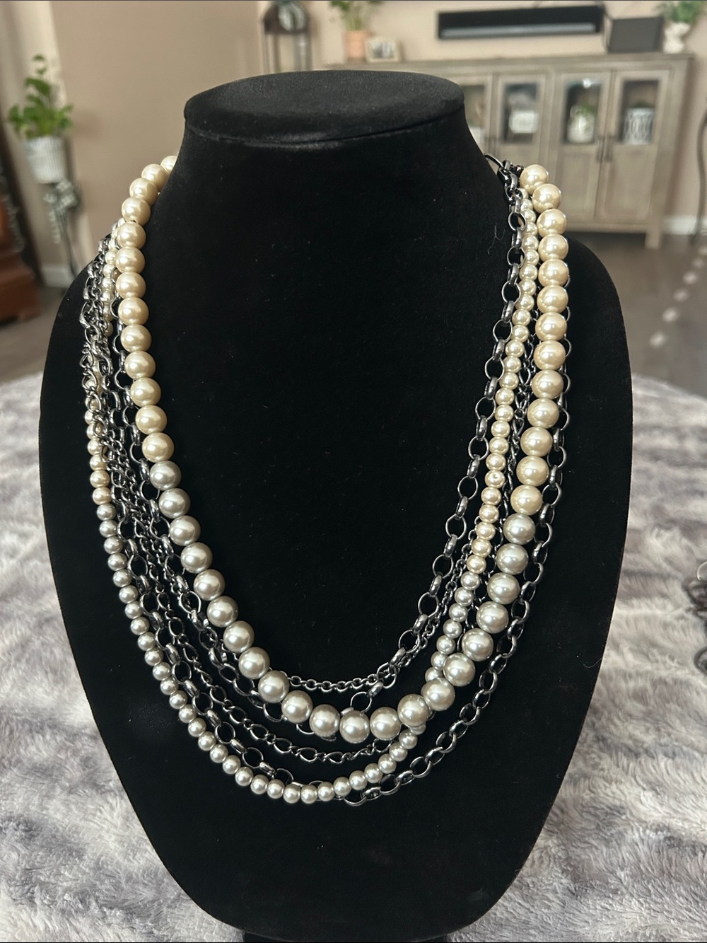 New York & Company Layered Pearl and Black Chain Necklace - Ivory & Black